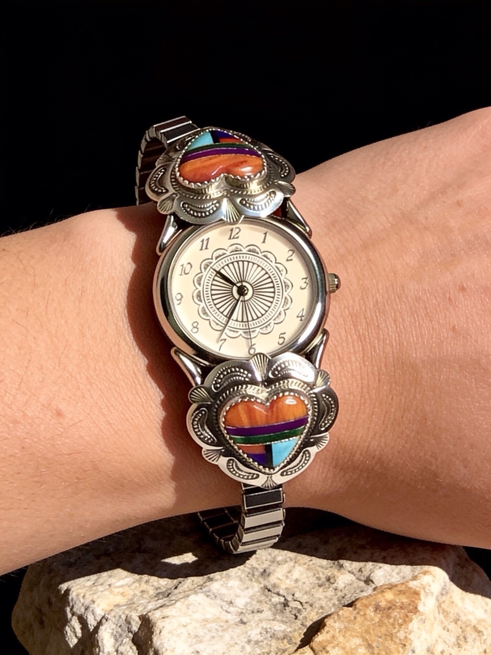 Women's Sterling Southwest Traditions Natural Stone Inlay Heart Expansion Band